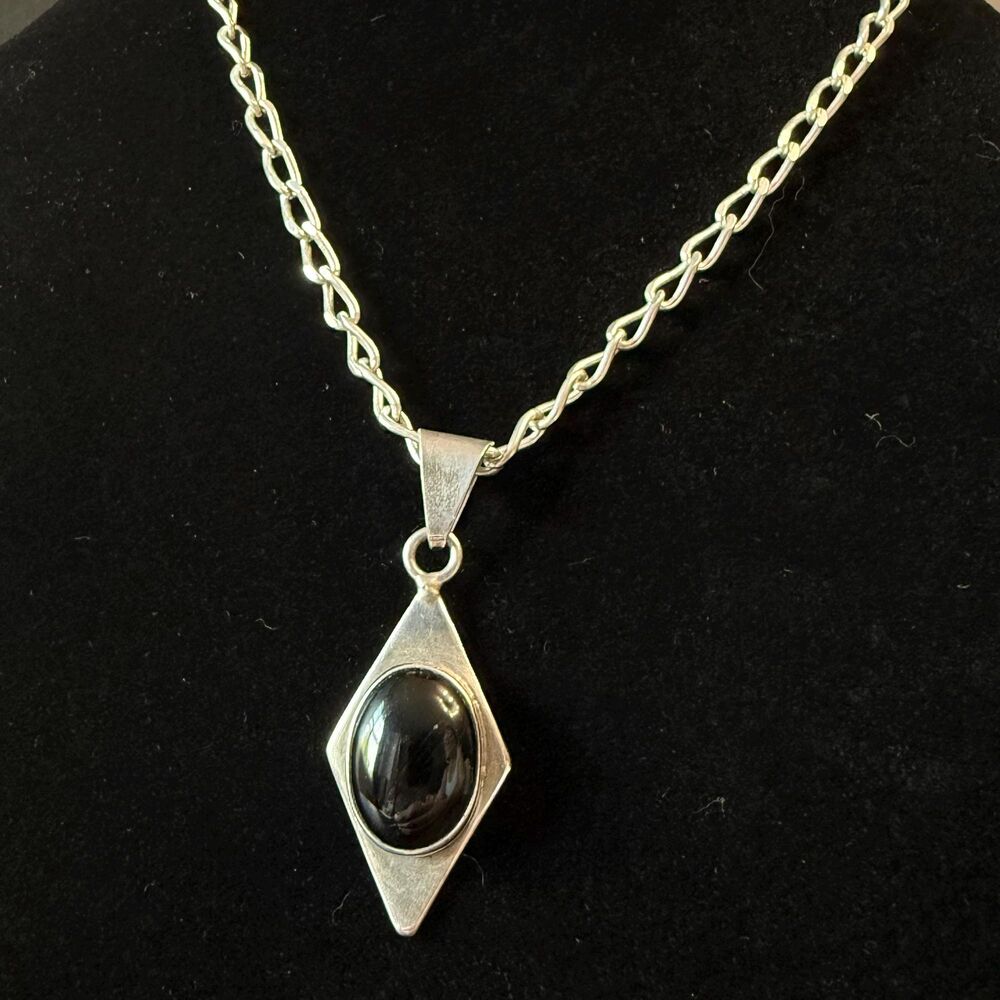 Taxco Mexico Sterling Silver Black Onyx Modernist Necklace | Mid Century Geometr
